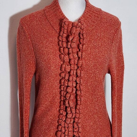 Moth Anthropologie Orange Wool Snap-Up Cardigan Sweater with Ruffles Size Small - Picture 2 of 9